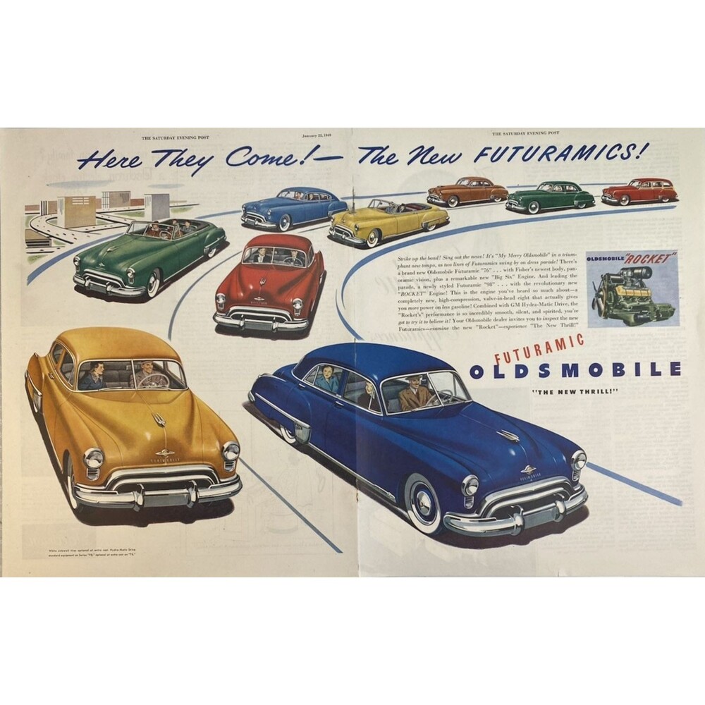 Oldsmobile "The New Brand Oldsmobile Futuramic 76!" 2-page Vintage Print Ad 1949